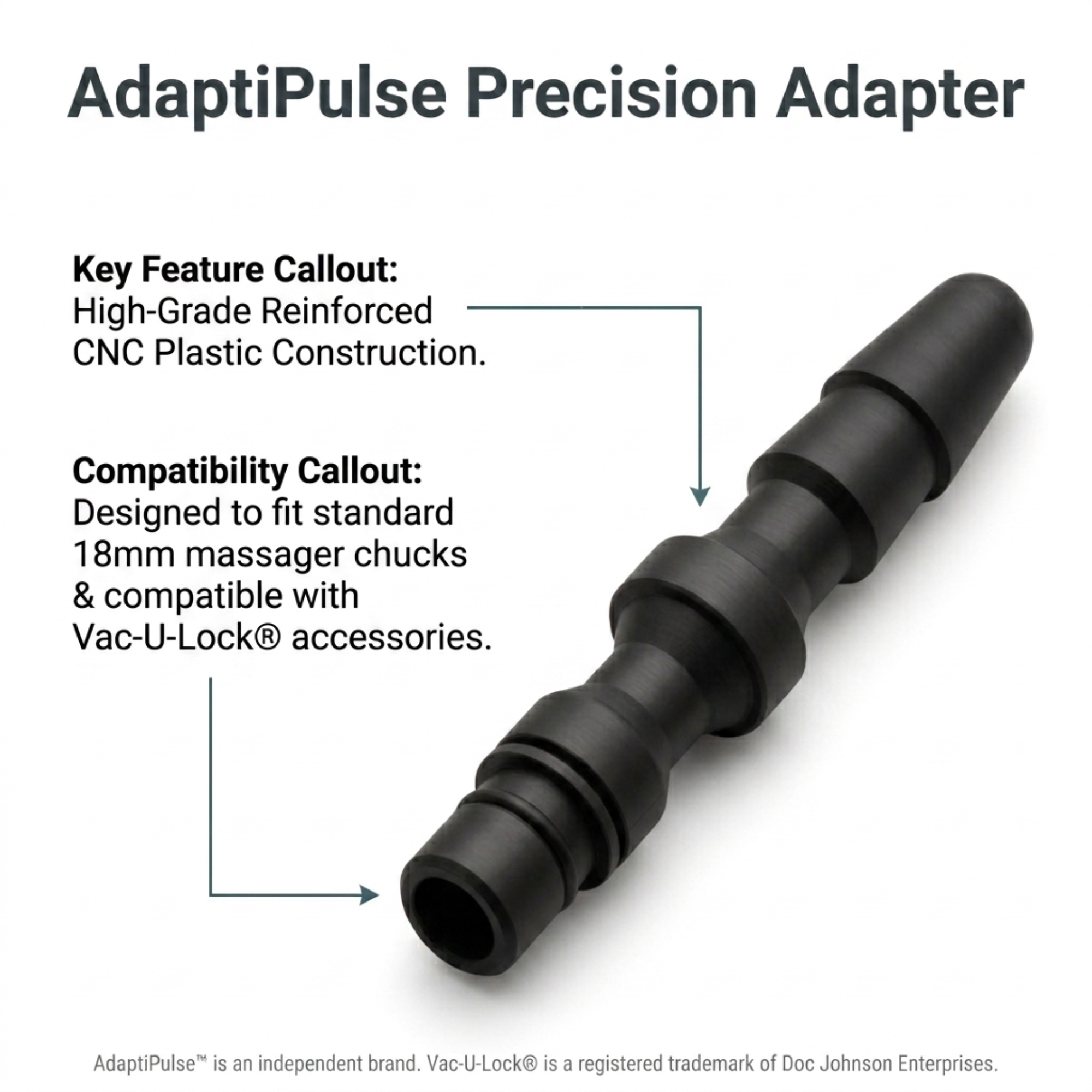 AdaptiPulse precision adapter feature callouts: reinforced CNC plastic construction, fits standard 18mm massager chucks